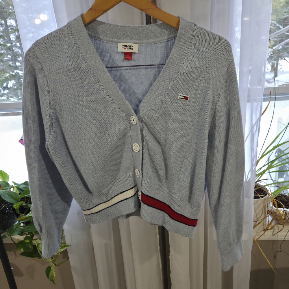 Tommy Hilfiger Women's Light Blue Cardigan with Red Stripe